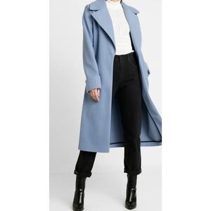 River Island Longline Wrap Coat Womens 8 Blue Notched Lapel Cuffed Sleeve Modern